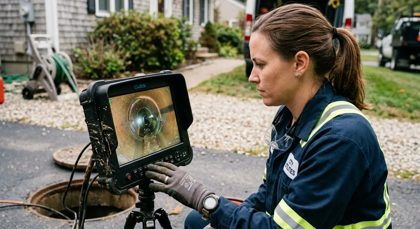 Technician reviewing sewer camera inspection footage in Metairie