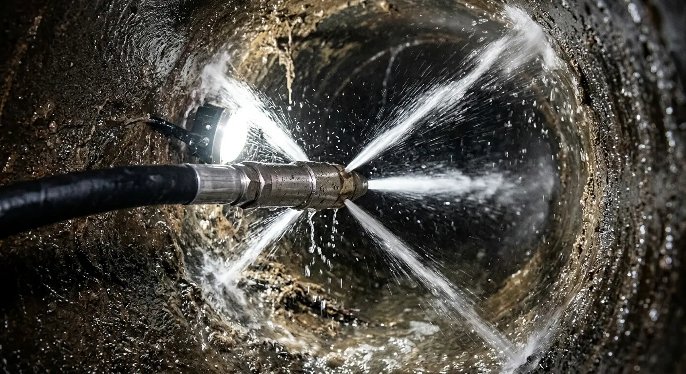 High-pressure hydro jetting nozzle cleaning sewer pipe for Emergency Drain Service in Metairie