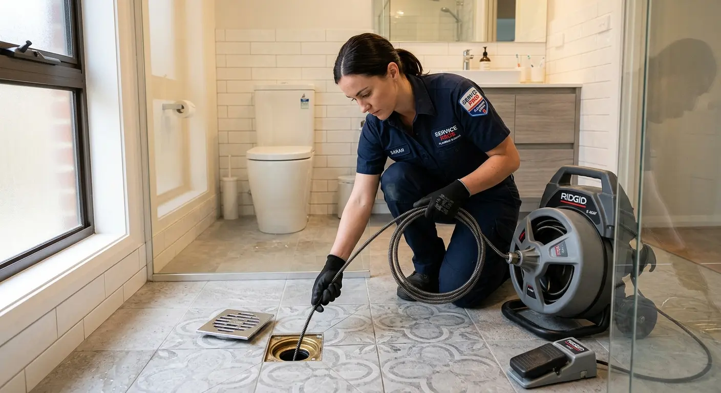 Technician clearing a bathroom floor drain for Drain Repair in Metairie